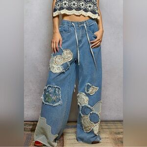 Pol NWOT Wide Leg Embroidered Patchwork Blue Jeans